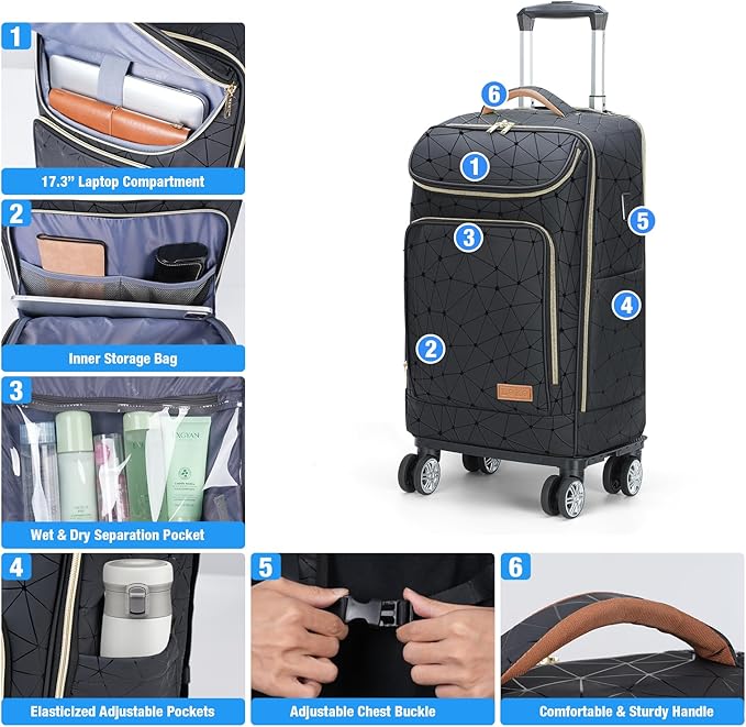 Lekebobor Travel Rolling Backpack, 18 inch Waterproof Bag with 360° Wheels for 15.6" Laptop, Convertible Airline Approved Travel Back Pack for Men & Women, Business, Commuter