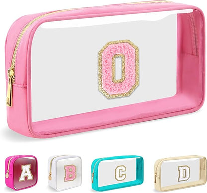 Small Clear Personalized Initial Makeup Bag, Preppy Nylon A-Z Chenille Letter Patch Makeup Organizer TSA Approved Travel Toiletry Bag,Waterproof Zip Beach Cosmetic Pouch Purse for Women(Pink-Pink O)