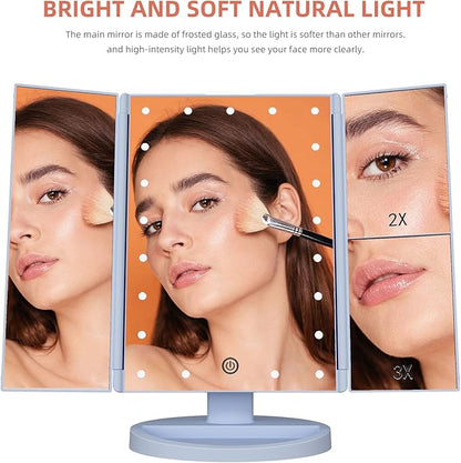 Trifold Makeup Mirror Vanity Mirror with Lights,1X 2X 3X Magnification,Touch Screen,180 Adjustable Rotation,Portable Travel Bathroom Cosmetic Mirror