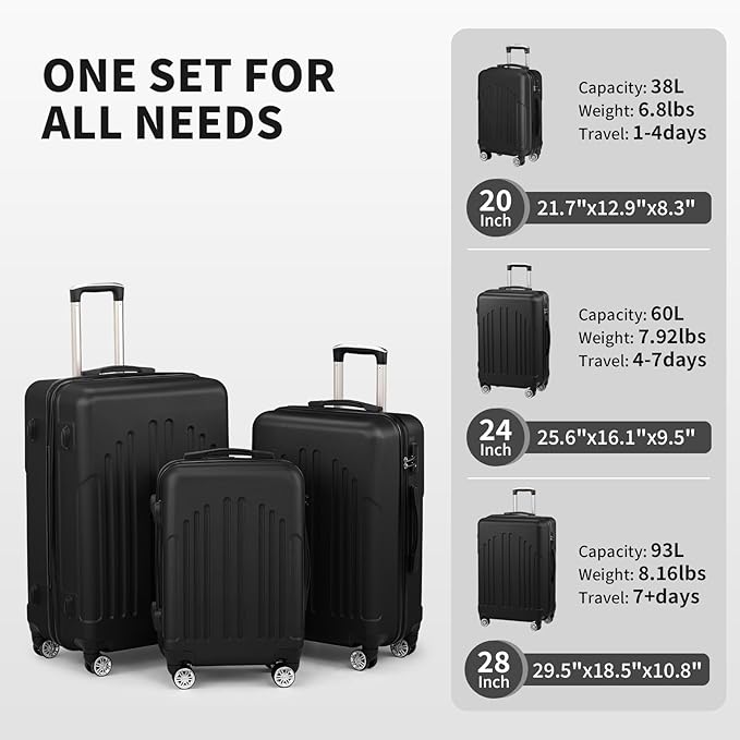 Karl home Luggage Sets 3 Piece, ABS Hardside Suitcase Set with Double Spinner Wheels & TSA Lock for Travel Business, 3-Piece Set (20/24/28), Black