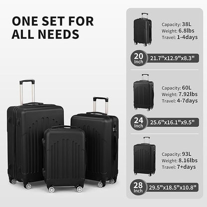 Karl home Luggage Sets 3 Piece, ABS Hardside Suitcase Set with Double Spinner Wheels & TSA Lock for Travel Business, 3-Piece Set (20/24/28), Black