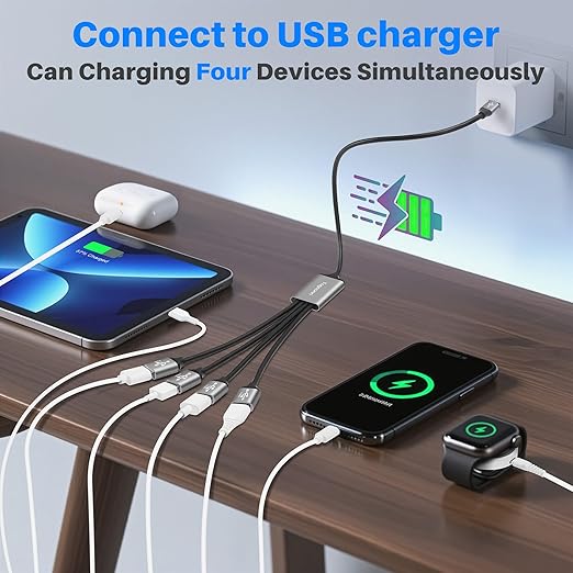 USB C 3.1 Splitter 1-in-4 Out Y-Adapter Cable 1 Feet, 5Gbps USB Type-C 3.1 Male to 4 Four USB-A 3.0 5Gbps Female Multi-Port Extender Connector Hub, Data Charger Power Splitter for iPhone 17/16 Series
