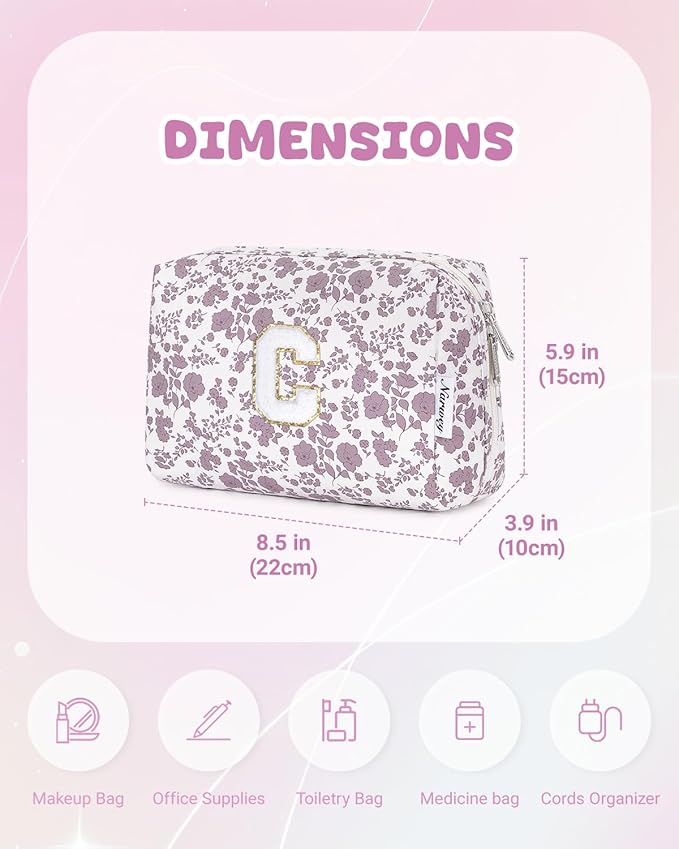 Narwey Birthday Gifts for Teen Girls Kids Women Personalized Initial Floral Makeup Bag Cute Cosmetic Trendy Stuff 6 8 10 11 12 13 14 16 18 Years Old Travel Toiletry Bag (Little Dusty Pink Flower C)