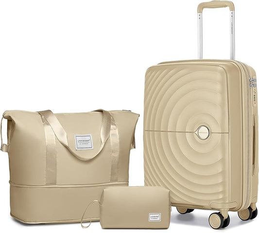 LARVENDER 20in Carry On Luggage, PP Hardside Luggage Set 3 Piece, Expandable Travel Suitcase Set with TSA Lock, Lightweight Suitcases with Wheels for Women Men(CHAMPAGNE/20/DB/TB)