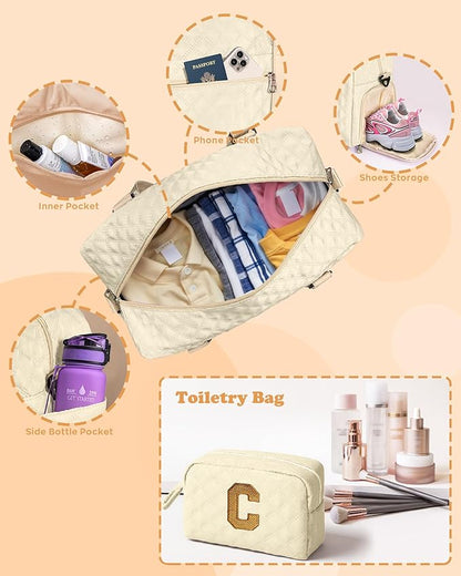 Travel Duffle Bag, Weekender Bags for Women, Personalized Gym Bag for Girls, Monogram Overnight Bag, Birthday Gift for Kids, Teens, Women, Mom, Teacher, 007Travel bag-off white-N