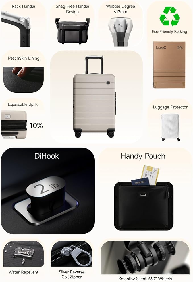 LUGGEX Carry On Luggage HUP3, Hardshell Suitcase with DiHook, Handy Pouch, 20 inch Expandable Suitcases Airline Approved TSA Lock, with Spinner Wheels (HX-Core)