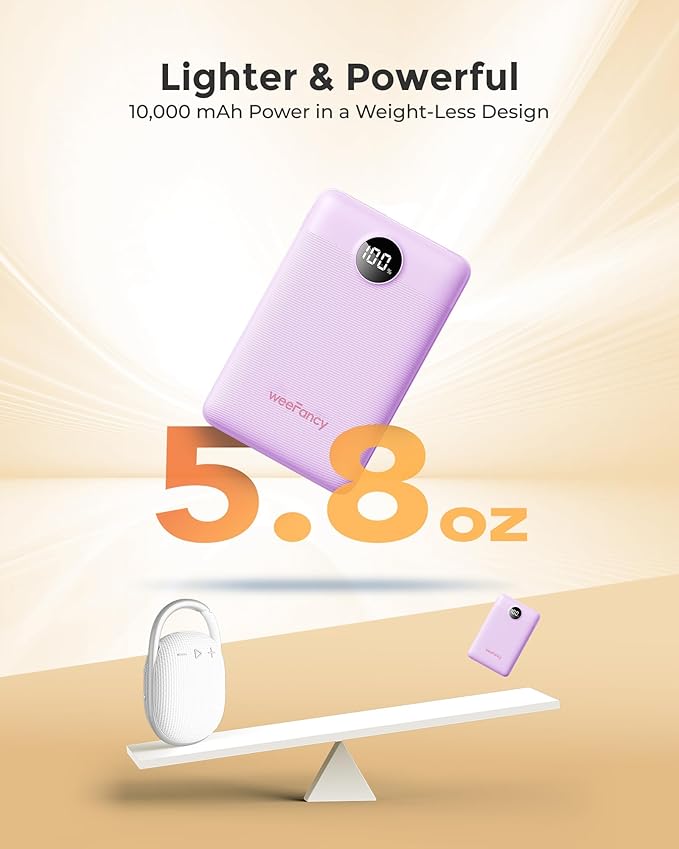 Small Portable Charger 10000mAh, Mini Power Bank with LED Display, 22.5W PD Fast Charging USB-C Battery Pack, Compact Lightweight Travel Charger Compatible with iPhone Samsung Android, Purple