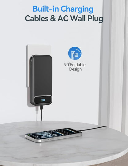 20000mAh Lightweight-Portable-Charger-Power-Bank with Built-in Cables and AC Wall Plug, PD20W USB-C Fast Charging Battery Pack, LED Display External Travel Phone Charger for All iPhone,Samsung,Android