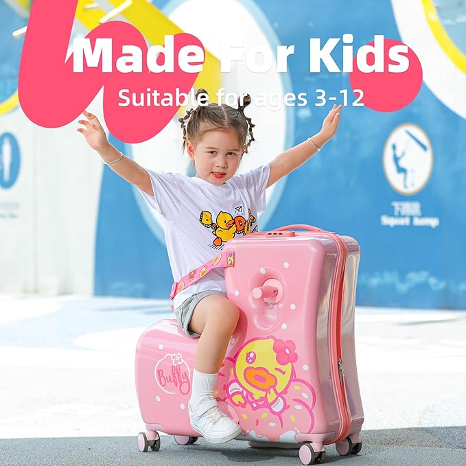 Kids' Lightweight Ride on Luggage with Spinner Wheels & Foldabe Design (Pink Donut, 24"+ Aged 3-12 Toddler), Birthday Gift