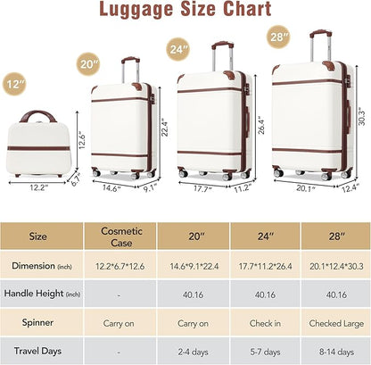 Merax Luggage Set 3 Piece Suitcase Set with 1 Cosmetic Case Expandable Spinner Wheels Vintage Luggage Sets(White,20"+24"+28")