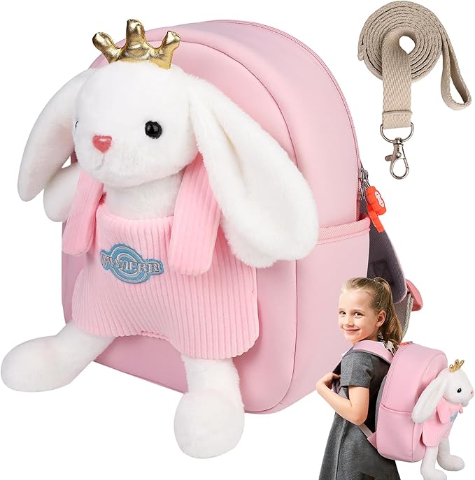 Large Rabbit Toddler Backpacks with Soft Bunny Dolls & Leash Preschool Backpack with Stuffed Animals for School Travel, 5 6 7 8 9 Year Old