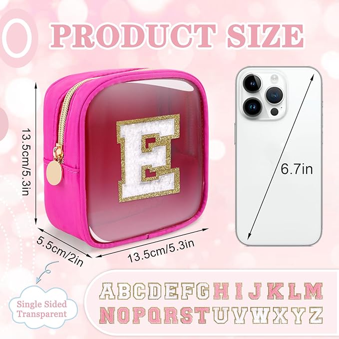 Mini Clear Personalized Initial Makeup Bag,Nylon Preppy A-Z Chenille Letter Patch Zipper Cosmetic Bag, Small Cute Beach Pouch Travel Purse Sanitary Napkin Storage Bag for Women Girls(Hot Pink-White E)