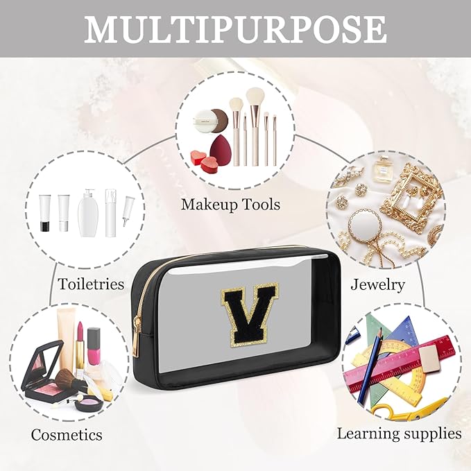 Small Clear Personalized Initial Makeup Bag, Preppy Nylon A-Z Chenille Letter Patch Makeup Organizer TSA Approved Travel Toiletry Bag,Waterproof Zip Beach Cosmetic Pouch Purse for Women(Black-Black V)