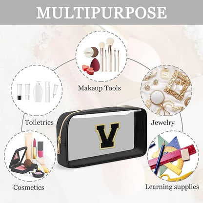 Small Clear Personalized Initial Makeup Bag, Preppy Nylon A-Z Chenille Letter Patch Makeup Organizer TSA Approved Travel Toiletry Bag,Waterproof Zip Beach Cosmetic Pouch Purse for Women(Black-Black V)