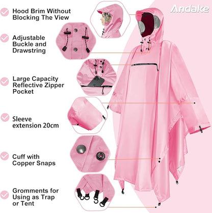 Andake Waterproof Rain Poncho for Adults Unisex,230T Ripstop Polyester,Raincoat Gear with Transparent Viewing Window Outdoors