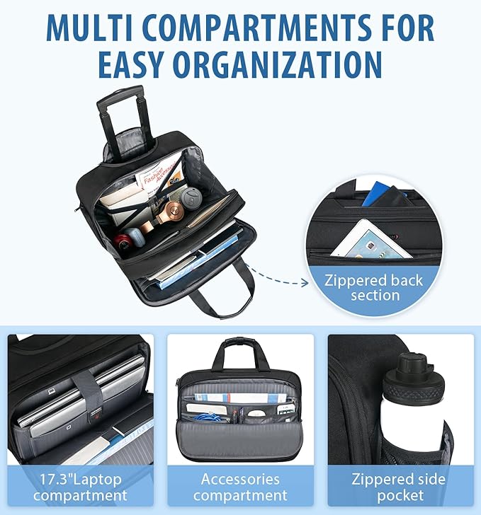 EMPSIGN Rolling Briefcase Laptop Bag,17.3" Computer bag with wheels, Water Repellent Travel Roller Underseat Bag with RFID Blocking Pocket,Rolling Work Bags for women/men -Black