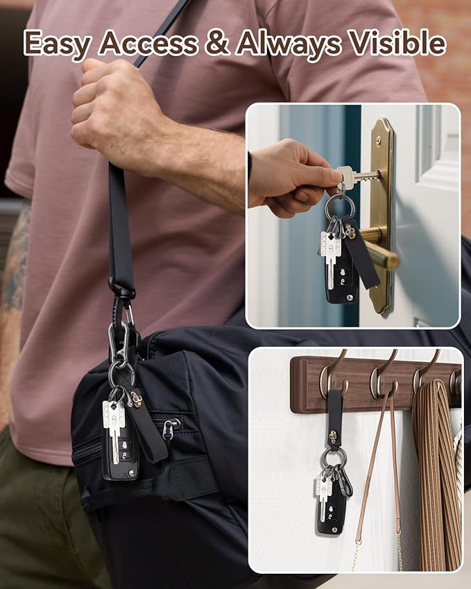 Teskyer Genuine Leather Keychain with Carabiner Clip and Key Ring, Vintage Key Chain Holder for Home/Car Keys