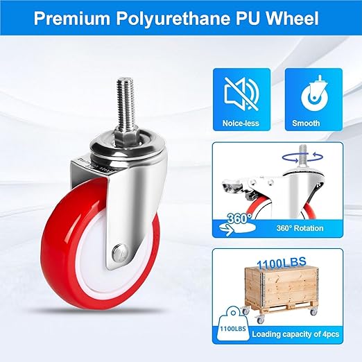 4 inch Stainless Steel Caster Wheels Heavy Duty, 1/2"-13x1-1/2 Threaded Stem Casters Set of 4, Rust Resistant, Non-Marking Polyurethane PU Wheels for Hospital, Lab, Furniture, Restaurant