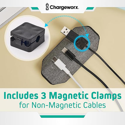 CHARGEWORX Magnetic Cable Organizer – Weighted Non-Adhesive Cord Holder with 3 Magnetic Clips for USB-C, Lightning & MagSafe Cables – Desk, Office & Nightstand Cable Management