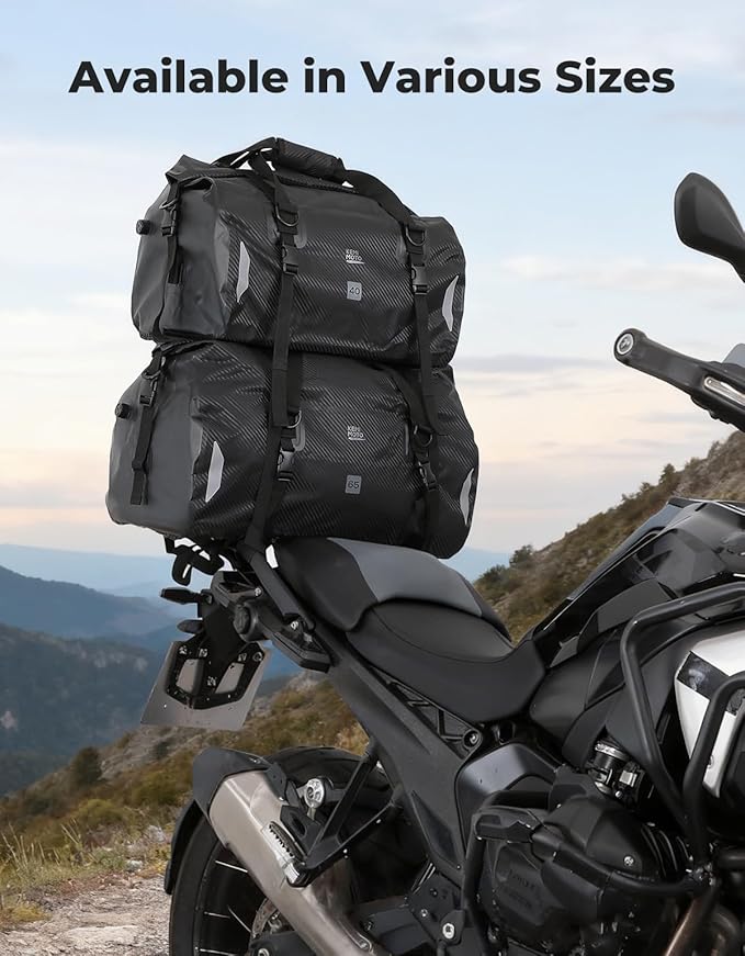 KEMIMOTO Waterproof Motorcycle Dry Bag – Duffle Tail Bag Soft Luggage, 40L/65L Large Capacity with 4 Quick-Release Straps, Dustproof for Touring, Adventure, Motorcycling & Camping