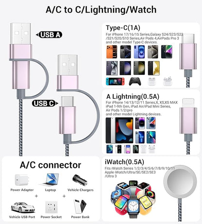 Temdan for Travel Vacation Essentials,3 in 2 USB C Cable for Apple Watch Charger/iPhone 17 Charger/Lightning,Multi Charging Cable Cord,Camping Essentials,Portable Designed for iWatch &iPhone 16-12-5FT