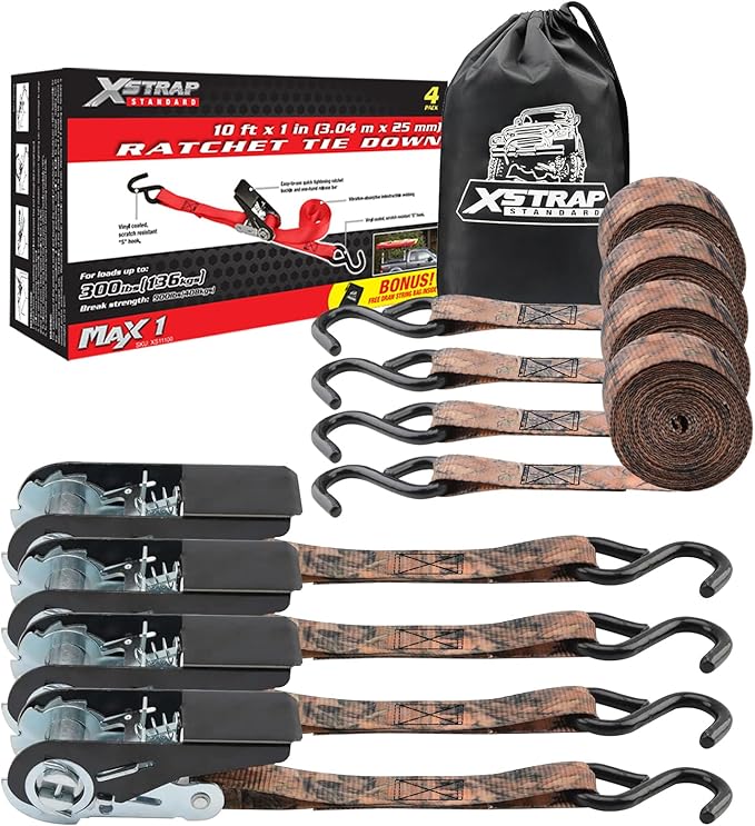 XSTRAP STANDARD Ratchet Tie Down Straps 4 Pk 10 Ft- 300 Lbs Load Cap- 900 Lbs Break Strength-Cargo Straps for Hunting, UTV, ATV, Pickup, Truck, Moving Appliances, Lawn Equipment, Camouflage