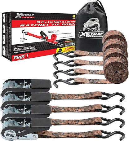 XSTRAP STANDARD Ratchet Tie Down Straps 4 Pk 10 Ft- 300 Lbs Load Cap- 900 Lbs Break Strength-Cargo Straps for Hunting, UTV, ATV, Pickup, Truck, Moving Appliances, Lawn Equipment, Camouflage