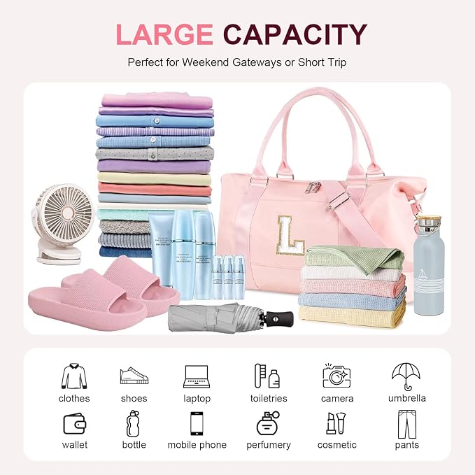 Dance Gym Duffel Bag for Teen Girls, Personalized Initial Travel Weekender Bag,Cute Overnight Carry On Duffle for Women,Sports Travel Cheer Bag,Monogram Christmas Gifts for Tween Preppy(pink-L)
