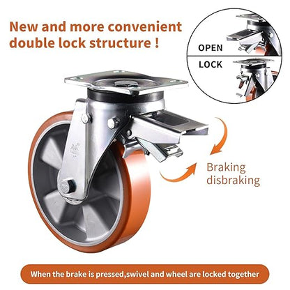 Super Heavy Duty Plate Casters Load 6500Lbs 8 inch Casters Set of 4 Swivel & Fixed Industrial Aluminum Core PU Wheels for Cart Furniture and Workbench Locking Outdoor Dolly Rigid Castors Load 6500Lbs