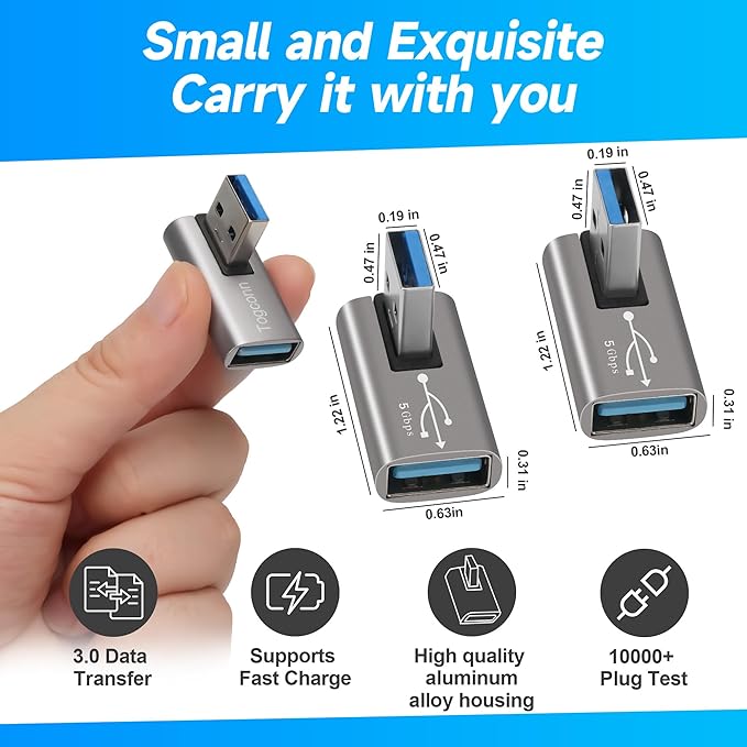 Angle USB 3.0 Adapter 5 Pack, Multiple Angles(UP/Down/Left/Right/Straight),USB A Male to Female Connector Converter USB L Shape Extender, Support Charge & Data Sync for PC, Laptop, Mouse, Keyboard