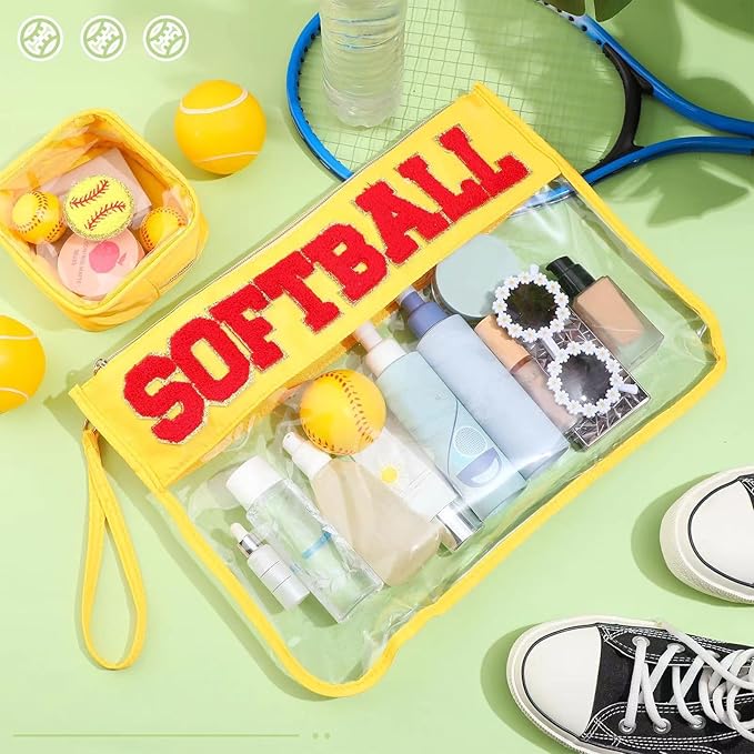 2 Pcs Softball Gifts Makeup Bag with Chenille Letter Patch,with Handles Softball PVC Waterproof Clear Makeup Bag,Portable Toiletry Storage Bag,Players & Fans Birthday, Team or Sports Lover Presents