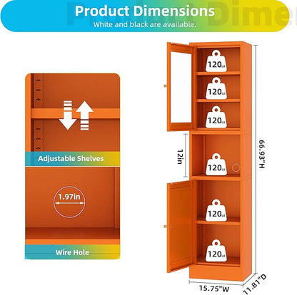 Metal Bathroom Storage Cabinet 67" Slim Bathroom Organizer with 3 Adjustable Shelves, 2 Doors (Left/Right Opening),Metal Floor Cabinet for Small Spaces(Glass, Orange)