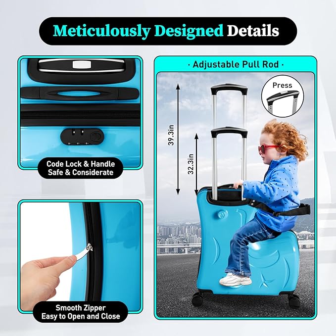 Kids Ride on Suitcase, 20" Ride on Luggage with 4 Wheels, Scooter Suitcase for Boys Girls, Toddler Carry on Suitcases with Safety Belt & Adjustable Handle, Travel Luggage for Ages 3-6 (Blue)