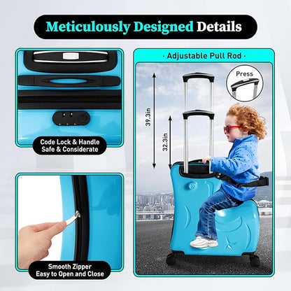 Kids Ride on Suitcase, 20" Ride on Luggage with 4 Wheels, Scooter Suitcase for Boys Girls, Toddler Carry on Suitcases with Safety Belt & Adjustable Handle, Travel Luggage for Ages 3-6 (Blue)