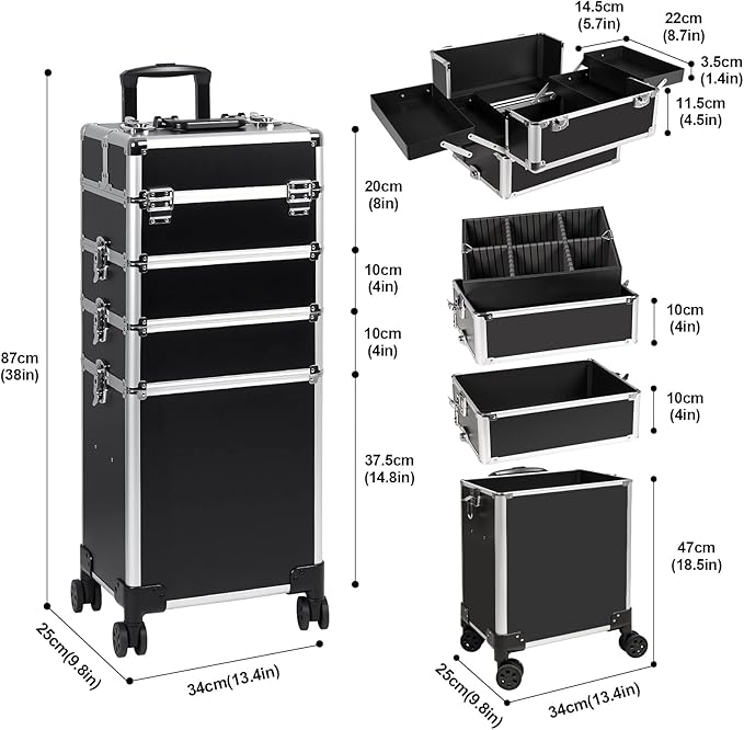 Professional Rolling Makeup Case, Cosmetology Case on Wheels 4 in 1 Large Cosmetic Train Case, Ideal Gift for Hairstylist, Nail Techs, Portable Beauty Organizer for Travel or Salon Use,Black Silver