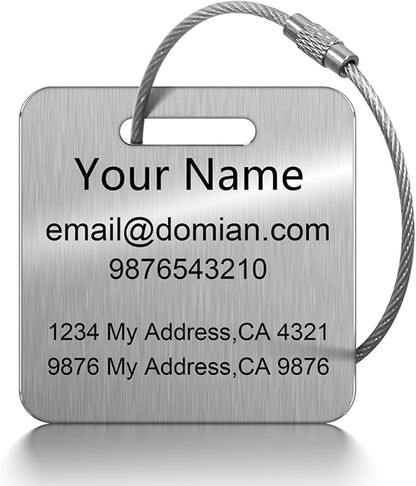 Stainless Steel Personalized Luggage Tags for Suitcases - Custom Name ID Travel Tags for Luggage, Backpacks, Baggage and Bags - Metal Unique Lable - Travel Essentials Accessories for Kids, Women, Men