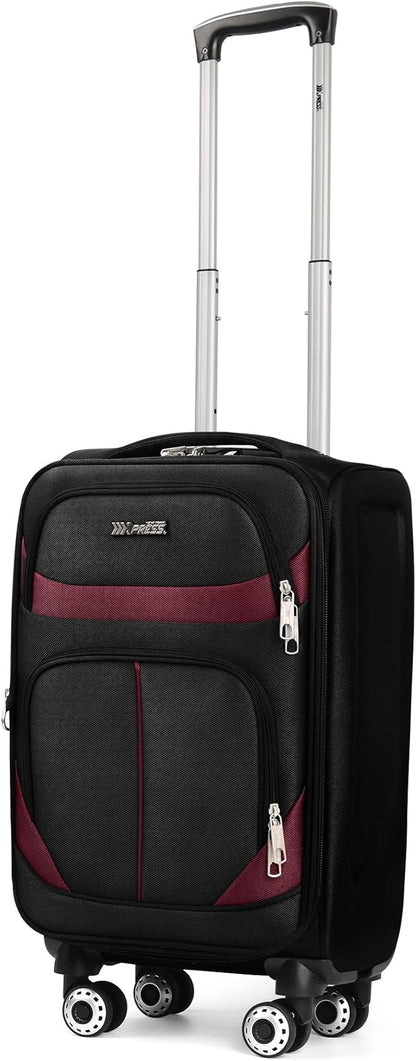 20" Luggage, Softside Suitcase with LOCK,Expandable Luggage w/Double Spinner Wheels, Lightweight Rolling Suitcases for Travel Carry On Luggage（Black-Burgundy,20in）