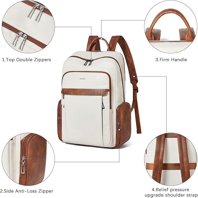 Shrrie Leather Laptop Backpack for Women with 17 inch Vegan Leather Computer Backpack Purse for Travel College Work
