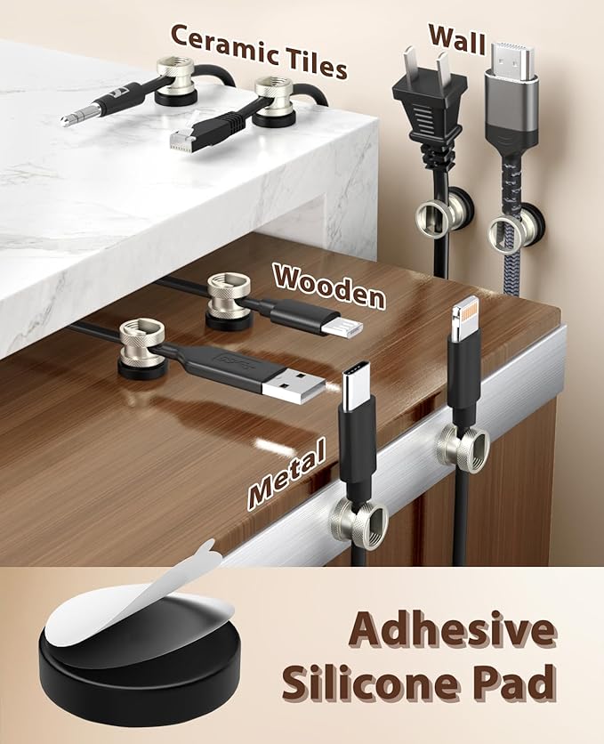 Viaky Magnetic Cord Holder 3 Pack Charger Holders for Cords Metal Cable Management Adhesive Cable Clips Office Desk Accessories Wire Holder Organizer Neatly for Nightstand Office Car Desk