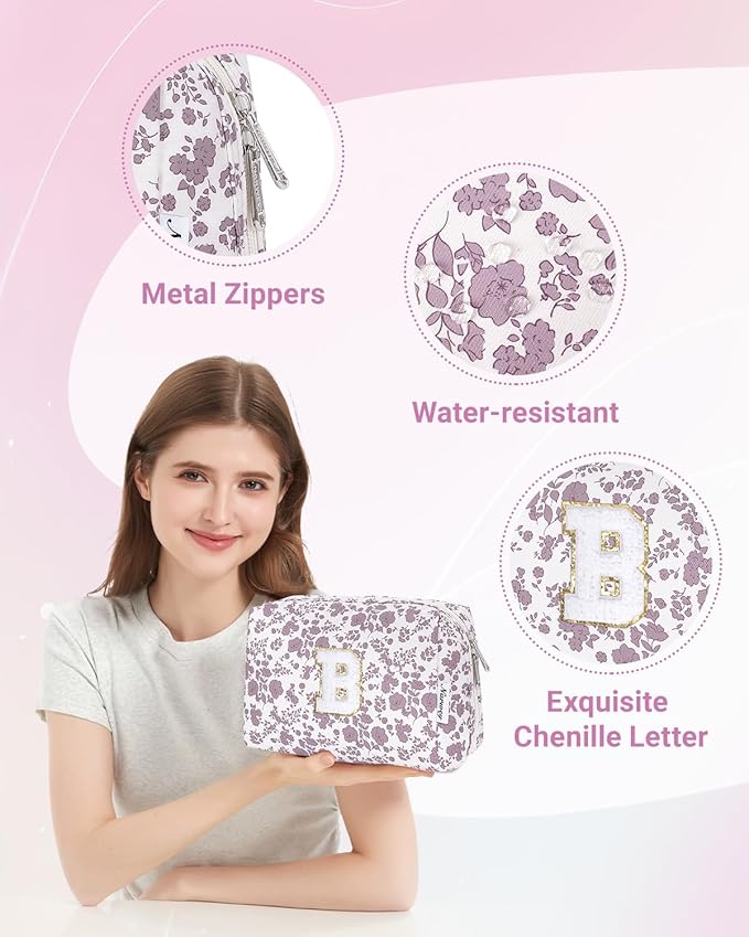 Narwey Birthday Gifts for Teen Girls Kids Women Personalized Initial Floral Makeup Bag Cute Cosmetic Trendy Stuff 6 8 10 11 12 13 14 16 18 Years Old Travel Toiletry Bag (Little Dusty Pink Flower B)