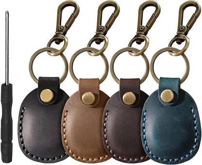 Genuine Leather AirTag Keychain Compatible with Apple AirTag Holder Leather Key Ring. Anti Lost Secure Key Chain Case for Pet Collar Luggage Bag Travel. Full Cover Protective Air Tag Keyring, 4 Pack