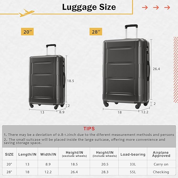 Merax Luggage Sets 4 Piece Suitcase Set, Expandable Hardside 20 IN & 28 IN Suitcase Set with Duffel Bag, Lightweight Travel Luggage with Spinner Wheels and TSA Lock(Black)
