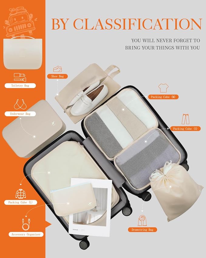 HOTOR Packing Cubes for Suitcases - 8 Pieces, Light Packing Cubes for Travel, Premium Suitcase Organizer Bags Set, Space-Saving Luggage Organizers, Travel Accessories and Essentials, Beige