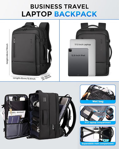 Travel Backpack for Men, Flight Approved Carry On Luggage Backpack with USB Port, Water Resistant Expandable Computer Daypack, 17.3 Inch Black Business Laptop Backpack for College/Work
