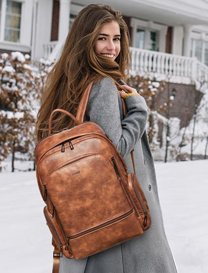 Leather Backpack for Women, Fits 15.6 Inch Laptop, Soft Vegan Leather Backpack for Travel and Daily Use, Brown