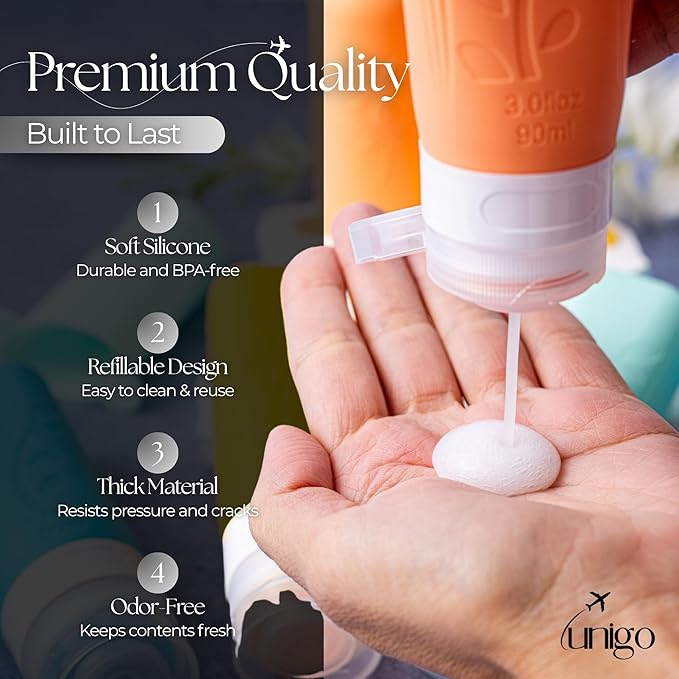 unigo Travel Bottles For Toiletries, TSA Approved Containers, Travel Size Toiletries, Shampoo and Conditioner Bottles, Leak Proof and Refillable Bottles, BPA Free, Extra Bottle Covers (Multicolor B)