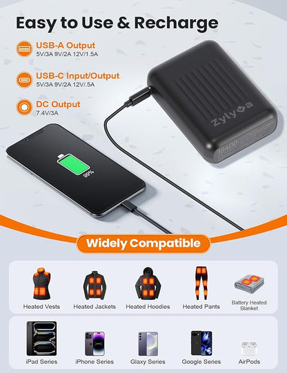 Heated Vest Battery Pack Replacement 18400mAh – 7.4V/5V Power Bank with LED Display Compatible with ORORO, Only for 7.4V Heated Apparel with DC 4.0mm Plug, Not for 12V Gear