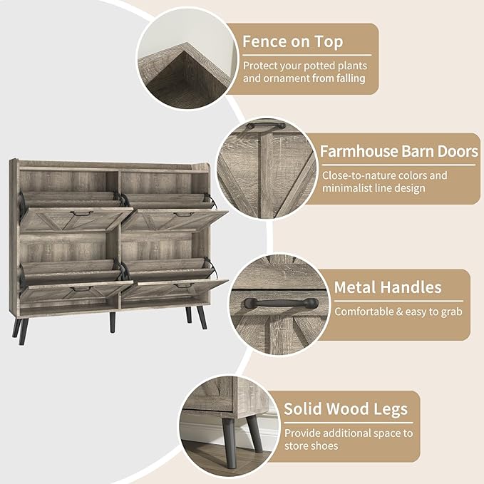 Shoe Cabinet with 4 Flip Drawers, Entryway Shoe Storage Cabinet Slim, Farmhouse Shoe Organizer Cabinet for Entryway, Narrow Hidden Shoe Cabinet with Wooden Legs, Washed Gray