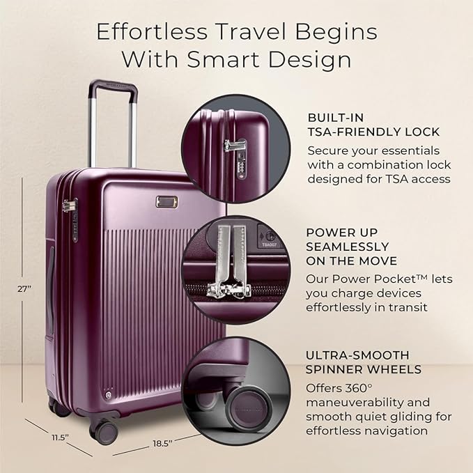 Briggs & Riley 27" Medium Expandable Spinner - Checked Luggage for Travel, Suitcases with Wheels, Hardside Rolling Bag for Men & Women, Self-Repairing Zipper - Sympatico Collection, Plum