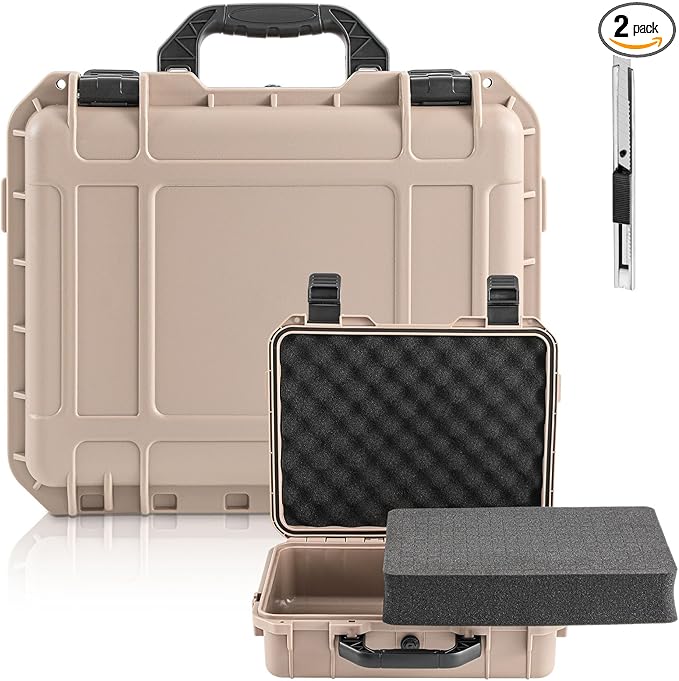 1 Pcs 8.5 x 6.5 x 3.7 Inch Waterproof Hard Case with DIY Customizable Foam Insert Portable Protective Case with Knife for Camera Drones Equipments Tools Test Instruments (Tan)